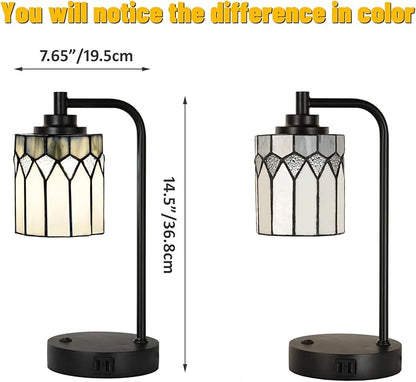 TL0019 Tiffany Table Lamp with 2 USB Charging Ports, Desk Lamp with Geometric Stained Glass Lamp Shade, Retro Nightstand H 14.5" for Bedrooms Office Study, LED Bulbs Included (Grey)
