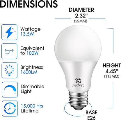 Energetic A19 LED Dimmable Light Bulbs, 100 Watt Equivalent Warm White 3000K 13.5W 1600lm, CRI80+, 15000Hrs, 12-Pack, ETL Listed