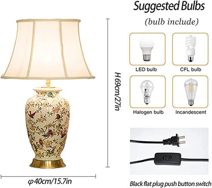 PURESILKS White 27" Flower and Bird Ceramics Table Lamp Chinoiserie Desk Lamp,Fabric Drum Shade,Gold Base, Tall Table Lamp Decor for Living Room Bedroom Bedside Office College Bookcase