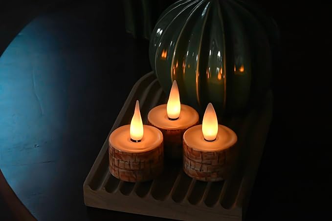 Rechargeable Flameless Candle with Remote Timer, 3D Moving Flame Real Wax Led Candles (Includes Remote Control, Charging Base, and USB Cable) (Rech-6Tealight-Palm Bark, 1.4in)