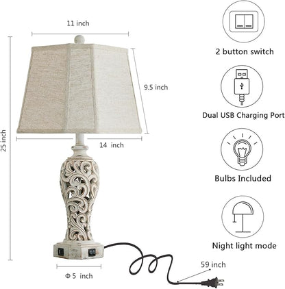 25'' Farmhouse Table Lamp for Living Room Bedroom, 2 USB Ports Vintage Rustic Nightstand Desk Lamp with Nightlight, White Hollow Out Resin Lamp for End Table (Bulb Included)
