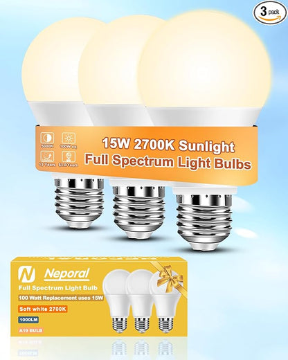 Neporal Full Spectrum Light Bulb 15W LED=100W, 2700K Flicker-Free Warm Light Bulbs, UV-Free & High CRI & Eye-Caring Sunlight Light Bulbs for Human, Home, Office, Plant, E26/E27, 30000H Lifespan, 3PK