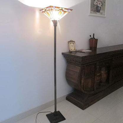 Tiffany Style Torchiere Floor Lamp Mission Stained Glass Shade 12"x 69" Tall Pole Vintage Antique Reading Light Fixture for Living Room Bedroom