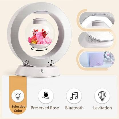 LoveLin Magnetic Levitation Circle Table Lamp with Bluetooth Speaker,5W Led Night Light,Three Variable Color,Automatic Rotating Preserved Flowers Creative Gifts Home Office Ornament Rotundity Layout