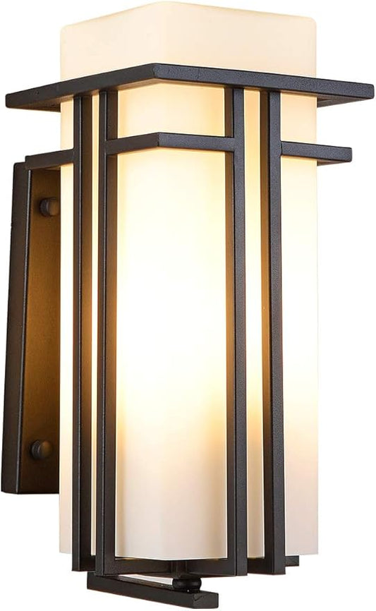 Outdoor Porch Light Wall Mounted Waterproof Wall Lantern Exterior Light Fixture for Entryways Yards Garage Front Porch, Square Metal Frame with Frosted Glass, Black