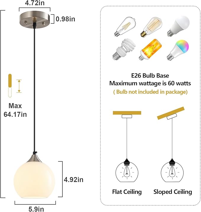 Milky Luster Glass Pendant Lights Kitchen Island Globe Pendant Light Fixtures Modern Pendant Lighting for Bedroom Living Dining Room Light Fixture (5.9 in, 2 Pack)