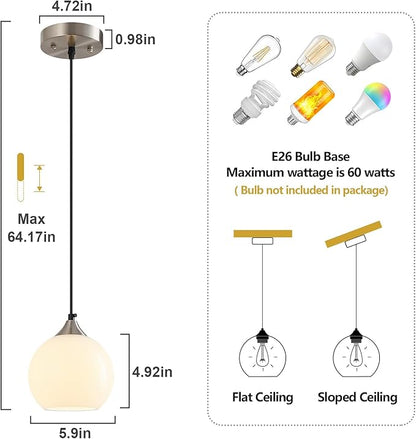 Milky Luster Glass Pendant Lights Kitchen Island Globe Pendant Light Fixtures Modern Pendant Lighting for Bedroom Living Dining Room Light Fixture (5.9 in, 2 Pack)