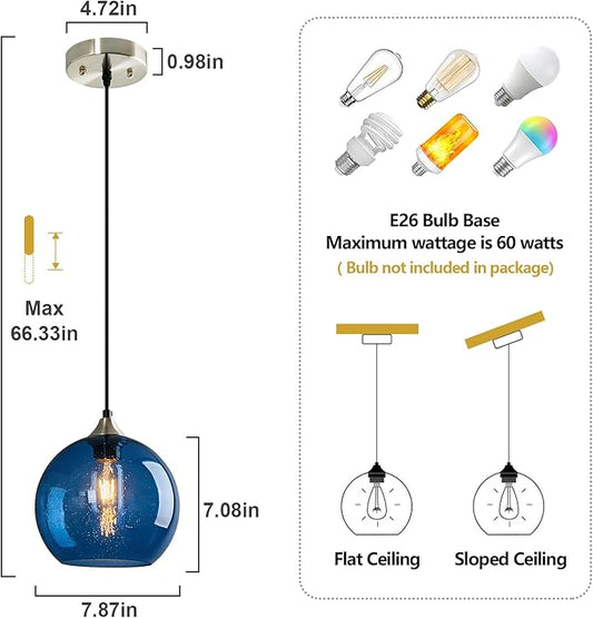 Blue Glass Pendant Lights Kitchen Island Lighting Globe Pendant Light Fixtures Modern Pendant Lighting for Kitchen Island Bedroom Living Dining Room Light Fixture(7.87in, 2-Pack)
