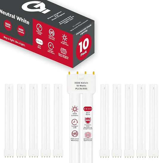 GoodBulb PLL18/835 18W 10.5" Twin Tube Compact Fluorescent Light Bulb 4-pin 2G11 Base 3500K Neutral White 1050 Lumen 36000 Hour Long Life Biax Pack of 10