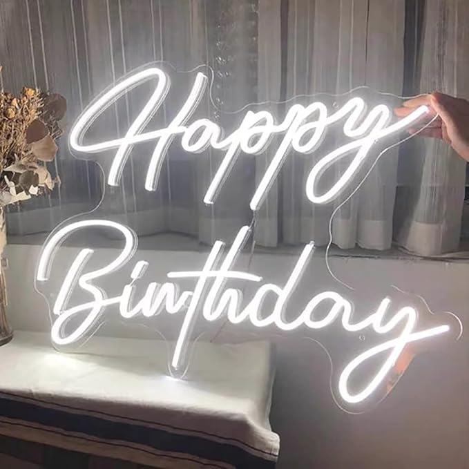 Large Happy Birthday LED Neon Sign, 28 inches Personalized Neon Light Sign for Birthday Party Wall Decoration Bar Rave Home Decor Christmas Light Present(White)