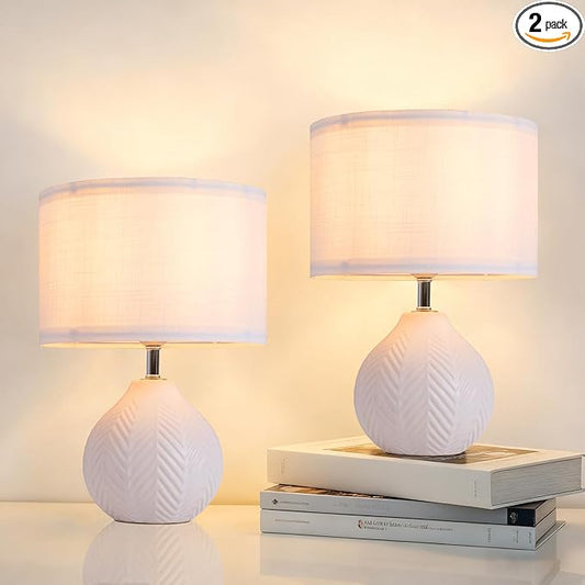 12" Ceramic Table Lamps Set of 2, Small White Bedside Nightstand Lamps with Linen Shade, Farmhouse Rustic Mid Century Modern Lamp for Bedroom Living Room Office Nursery, Cute Desk Lamp for Reading
