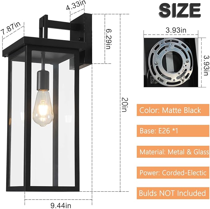 tewei Dusk to Dawn Large Outdoor Wall Lights, 20 Inch Outdoor Sconce Lights Black Exterior Lighting Fixtures, Large Porch Light with Clear Shade Sensor Modern House Lights for Garage, 1 Pack