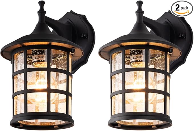 mirrea 10" Black Outdoor Coach Lights with Seeded Glass Shade Waterproof Patio Light Porch Wall Light Pack of 2