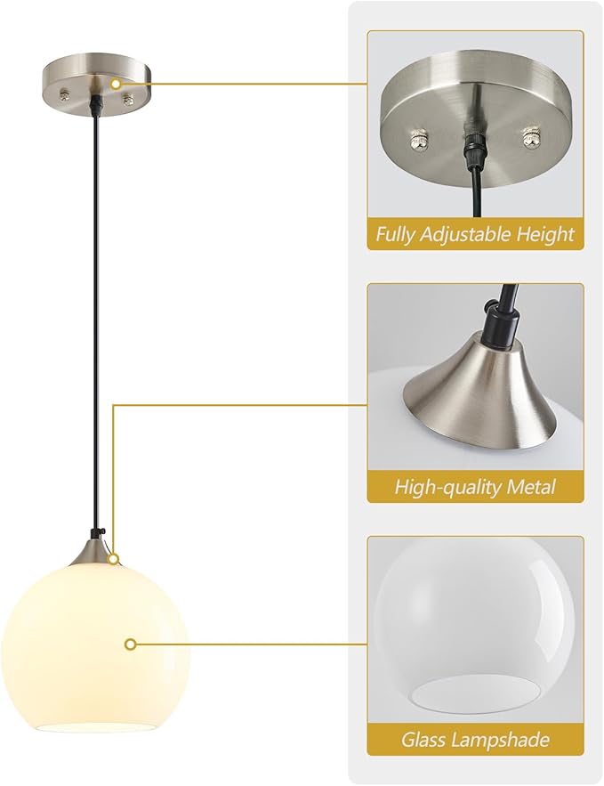 Milky Luster Glass Pendant Lights Kitchen Island Globe Pendant Light Fixtures Modern Pendant Lighting for Bedroom Living Dining Room Light Fixture (7.87 in, 2 Pack)