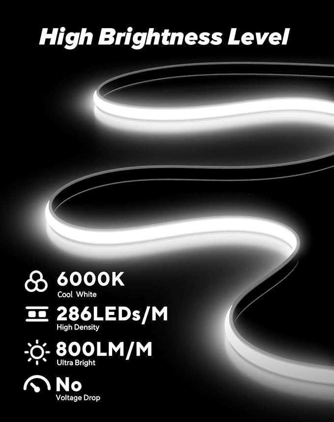 Shine Decor COB LED Rope Light AC 120V, 800lm Ultra Bright, IP65 Waterproof Cold-Resistant ETL Neon Strip, No Driver Tape Lighting for Home Commercial 10x4.5mm, 6000K Cool White, 82ft
