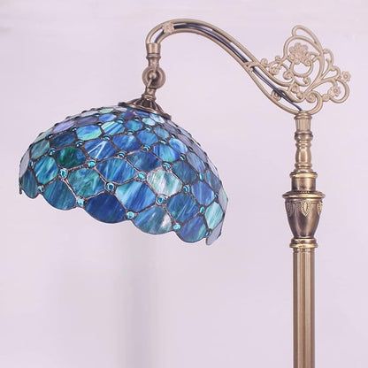 Tiffany Floor Lamp Stained Glass Lamp 18.88X12X67 Inch Angle Adjustable Arched Gooseneck Antique Reading Light (Sea Blue Pearl)