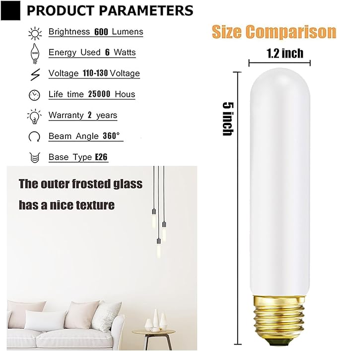Leools TE26 LED Light Bulb T10 6W 5.1inch E26 Base Matt Opal Porcelain Dimmable Tubular LED Light Bulb,E26 Edison Bulb 6W Equal 60 watt Light Bulb 4000K Neutral White, CRI90+,600LM,6 Packs