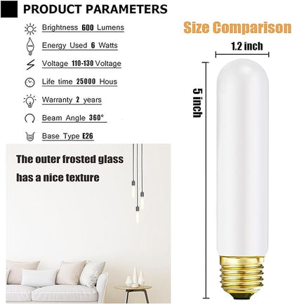 Leools TE26 LED Light Bulb T10 6W 5.1inch E26 Base Matt Opal Porcelain Dimmable Tubular LED Light Bulb,E26 Edison Bulb 6W Equal 60 watt Light Bulb 4000K Neutral White, CRI90+,600LM,6 Packs