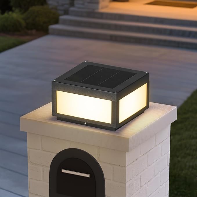 Solar Post Lights, 11.8" Pillar Light Outdoor, Modern Column Lights, Fence Posts Cap Lamp Solar Powered, Square 3000K LED Light Fixture IP54 Waterproof for Garden Deck Patio Outside Lighting