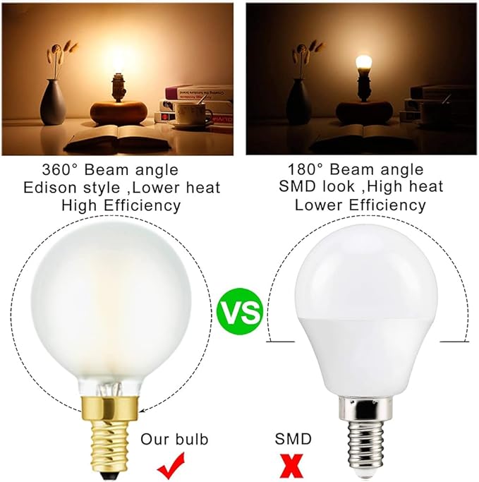 Frosted G16.5 led Bulb E12 Candelabra Bulb 60 Watt led Edison Bulb 2700K Warm White 600lm ac120v 6W dimmable g50 Globe Bulb for Chandelier,Vanity and Ceiling Fan Light, 6Pack