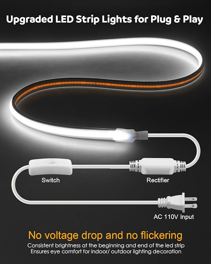Aclorol 30M White COB LED Strip Lights Outdoor Waterproof IP68 AC 110V-120V LED Rope Lights Switch with Plug 100FT 1 Roll 8640leds/30M Uniform High Density Flexible Tape Lights for Outside 6000K