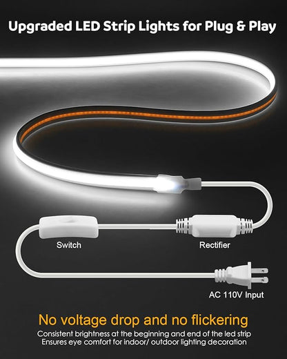 Aclorol AC 110V COB LED Strip Lights Plug in 16.4FT 288led/M High Density Flexible COB LED Rope Light Waterproof for Outdoor Patio Garden Decor IP68 Daylight White 6000K with Strong Self-Adhesive