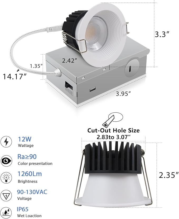 Adetu 3 Inch 5CCT Anti-Glare LED Downlight with Junction Box, 2700K/3000K/4000K/5000K Selectable, CRI90+, 12W COB, 1160LM, IP65 Waterproof, Dimmable-ETL and Energy Star Certified (White,12 Pack)