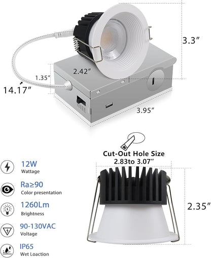 Adetu 3 Inch 5CCT Anti-Glare LED Downlight with Junction Box, 2700K/3000K/4000K/5000K Selectable, CRI90+, 12W COB, 1160LM, IP65 Waterproof, Dimmable-ETL and Energy Star Certified (White,12 Pack)