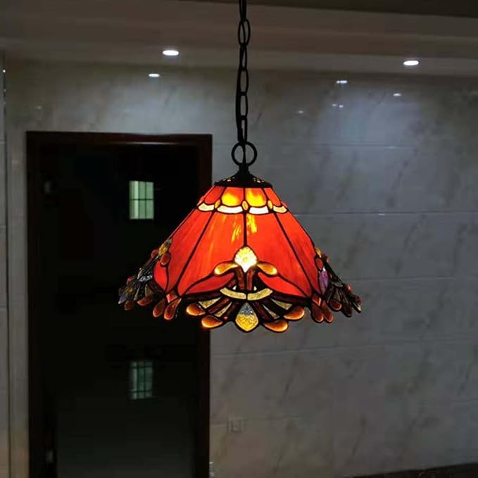 Bieye S10021 Tiffany Style Stained Glass Baroque Lampshade (13-inch Wide Red)