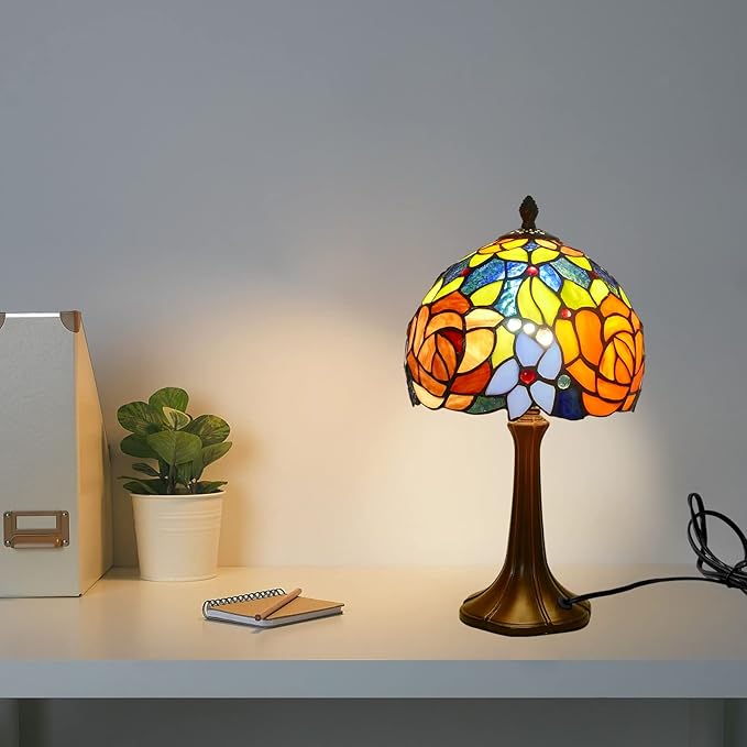 Tiffany Table Lamp Romantic Double-Color Roses Handmade Stained Glass Desk Lamps 8" Wide 15" Tall Vintage Reading Lamp for Office, Living Room, Bedroom, LED Bulb Included