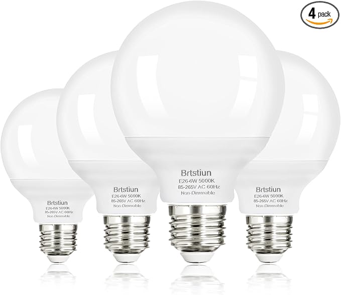 G25 LED Light Bulb, Round Vanity Light Bulbs for Bathroom, 40W LED Equivalent, Daylight White 5000K, Globe Light Bulbs E26 Base, 600LM, Non-Dimmable, 4-Pack
