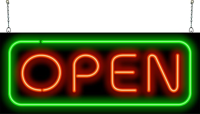 Deluxe Neon Open Sign - Large Size - 32" wide x 13" high - Real, Quality Hand Bent Neon Sign - Red Letters with a Green Outer Border