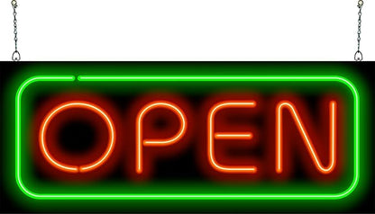 Deluxe Neon Open Sign - Large Size - 32" wide x 13" high - Real, Quality Hand Bent Neon Sign - Red Letters with a Green Outer Border