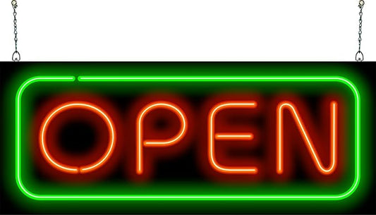 Deluxe Neon Open Sign - Large Size - 32" wide x 13" high - Real, Quality Hand Bent Neon Sign - Red Letters with a Green Outer Border