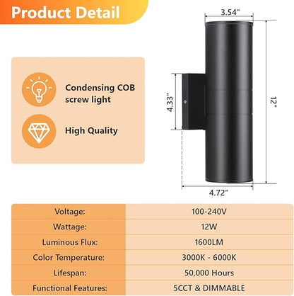 5CCT Dimmable Wall Lights Outdoor 2 Packs, Integrated LED Cylinder Up Down Modern Aluminum Light, Waterproof Exterior Light for Porch Patio Door