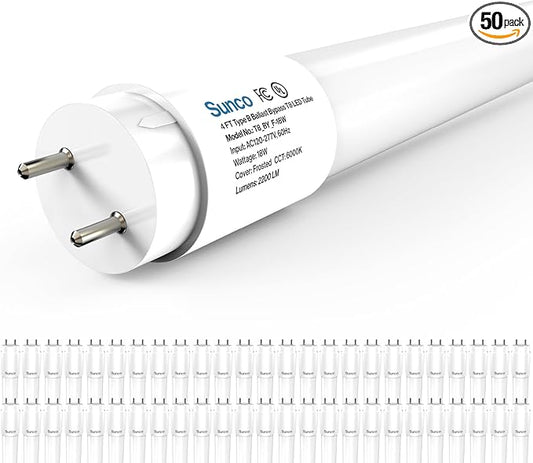 Sunco 50 Pack T8 LED Bulbs 4 Foot, Tube Light Bulbs Ballast Bypass, 48 Inch Fluorescent Replacement, 2200 LM, 18W, 6000K Daylight Deluxe, Single Ended Power, Type B, Frosted Lens UL