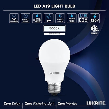 LUXRITE A19 LED Light Bulb 60 Watt Equivalent, Non Dimmable, CRI80, 5000K Bright White, 800LM, Standard LED Light Bulbs 8W, E26 Base, Enclosed Fixture Rated, Damp Rated, ETL Listed (8 Pack)