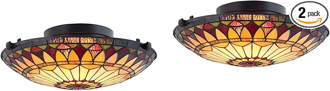 Kira Home Mateo 16" 2-Light Tiffany Glass Flush Mount Ceiling Light, Black Finish, Pack of 2