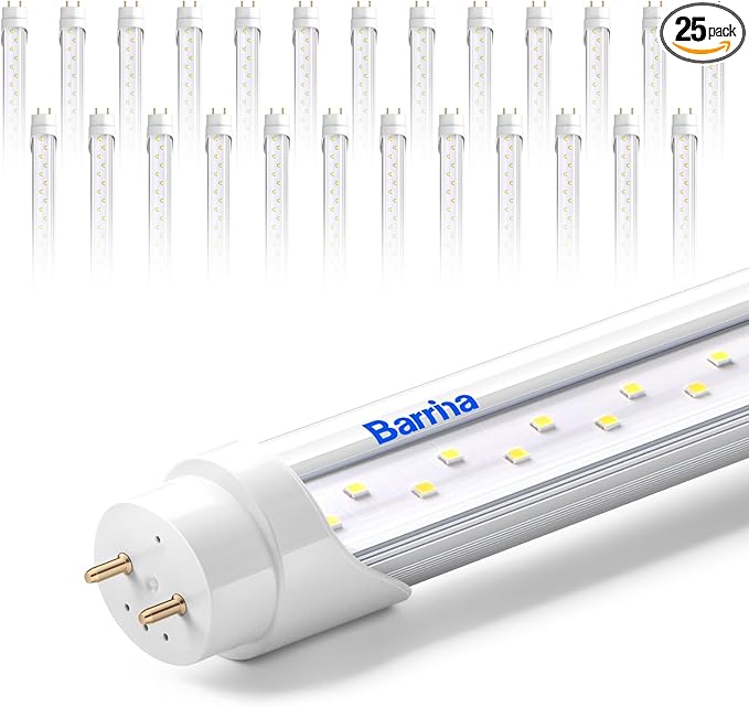 Barrina T8 LED Bulbs 4 Foot Type B, 24W, 3200LM, 6000K Bright Light, G13, Double End Powered, Ballast Bypass, 4FT LED Fluorescent Replacement, T8 T10 T12 LED Replacement, Clear Cover, 25 Packs
