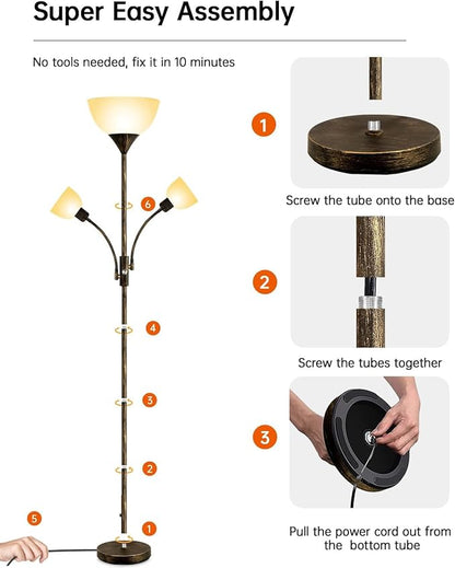 Floor Lamp, Standing Lamp, 71" Tall Lamps for Living Room, 3 Way Switch, Plastic Lampshade, Torchiere Tree Lamp with Reading Light, Modern Pole Lamps for Bedroom E26 Base(No Bulb, Rustic Bronze)