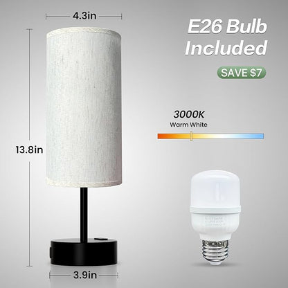 KPQ Small Bedside Lamp Touch Control Table Lamp with USB A+C Charging Ports & AC Outlet 3-Way Dimmable Nightstand Lamp with Linen Fabric Shade for Bedroom Living Room