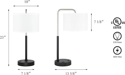 XiNBEi Lighting Bedside Table Lamp, Mid Century Modern Bedroom Desk Lamp Nightstand Table Lamp with USB Port & Drum Shade Brushed Nickel Finish XB-TL257-BN