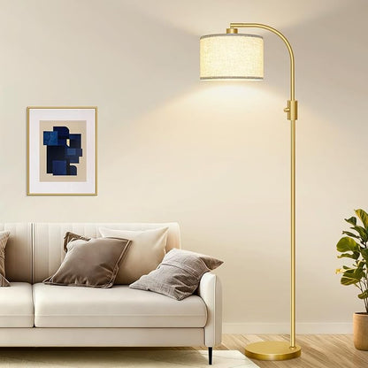 Nintiue Upgraded Modern Arc Dimmable Tall Standing Floor Lamp with Linen Shade, 1200 Lumens LED Bulb Included, for Living & Reading Room, Bedroom, Office & Nursery, Gold