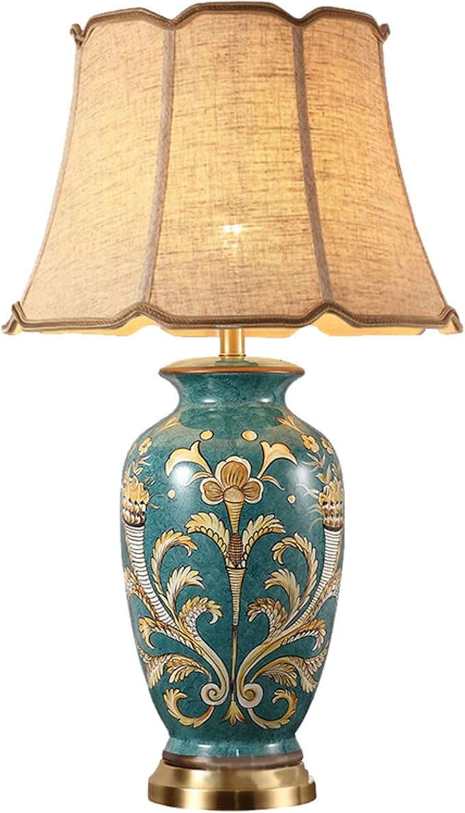 28.3” Green Tall Table Lamp chinoiserie Ceramic Table Lamp Colored Flower and Bird Decoration and Branch Bell Shade Decor Classic Traditional Bedside Desk Nightstand Lamp for Bedroom Living Room