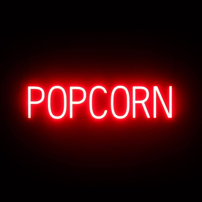 SpellBrite POPCORN Sign | Treat-Related Sign with Neon Look, Red LED Light Source | 28.1" x 6.3"