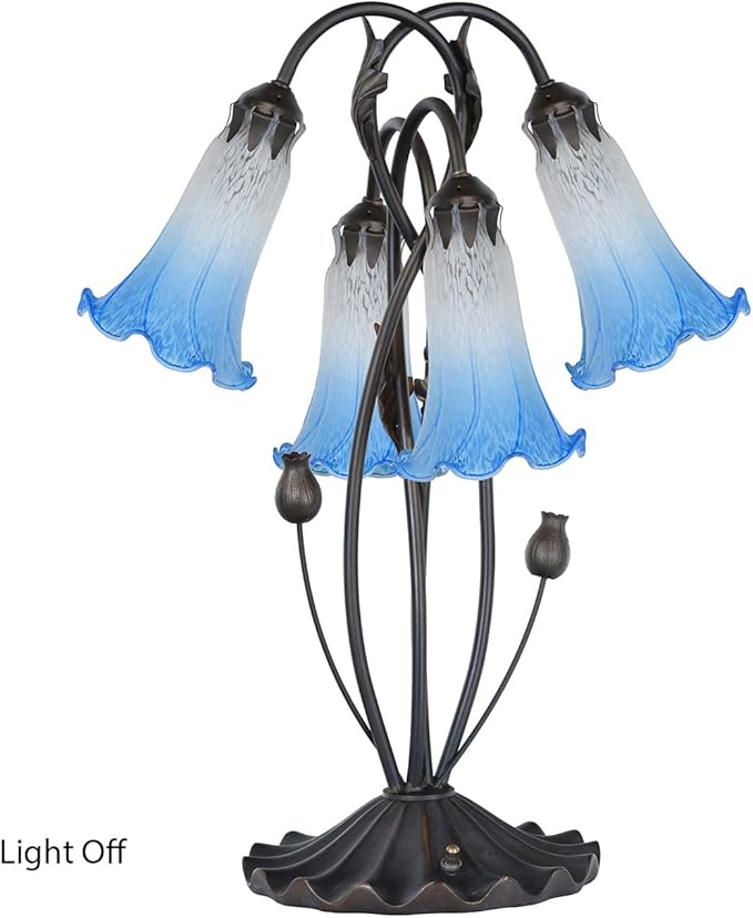 Bieye L10854 Lily Flower Blown Glass Accent Table Lamp for Living Room Bedroom Decoration (4-Light, Blue)