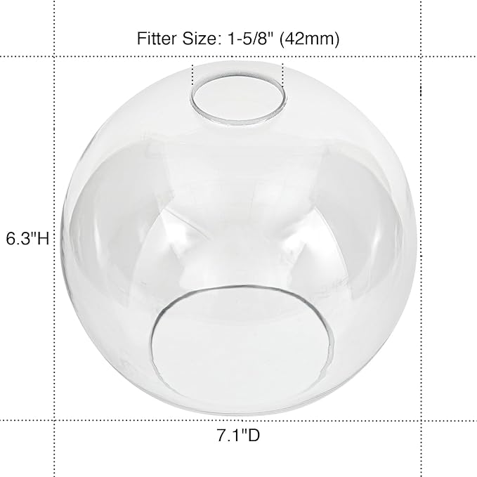 Glass Lamp Shade Replacement Globe for Light Fixture, 1-5/8 inch Fitter, 7.1" Diameter, 6.3" Height, Clear Glass Cover