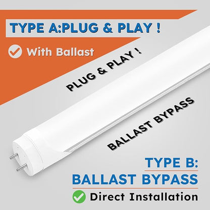 10-Pack T8 LED Tube Lights 4ft, 48 Inch Fluorescent Replacement Bulbs, 5000K Pure Daylight, Hybrid Type A+B Single/Double Ended, Frosted Lens, ETL Certified