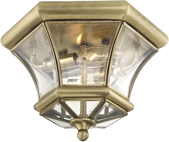 Livex Lighting 7052-91 Monterey 2 Light Outdoor/Indoor Brushed Nickel Finish Solid Brass Flush Mount with Clear Beveled Glass