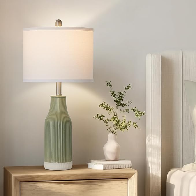 24.5" Modern Ceramic Table Lamp for Nightstand, Farmhouse Bedside Lamp for Bedroom, Small Table Lamp for Living Room End Table, Light Green (1 Pack)